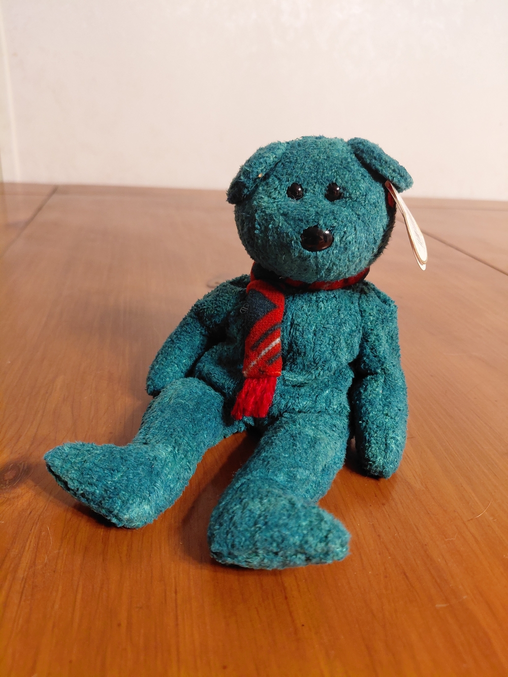 Wallace Ty Beanie Baby Teal Plush Bear with Red Scarf